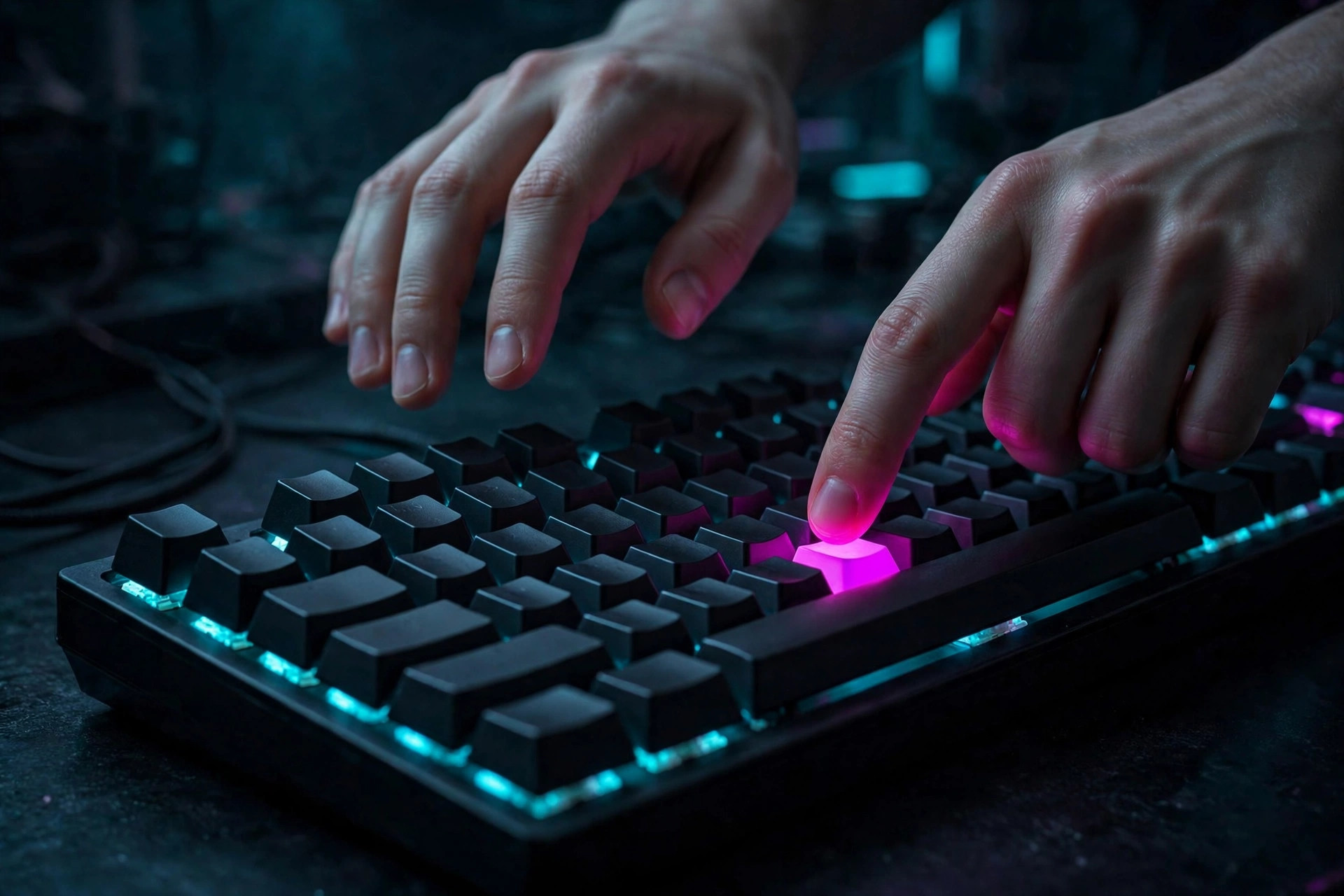 Hands over a blank-keycap backlit keyboard, one finger pressing a single magenta glowing key