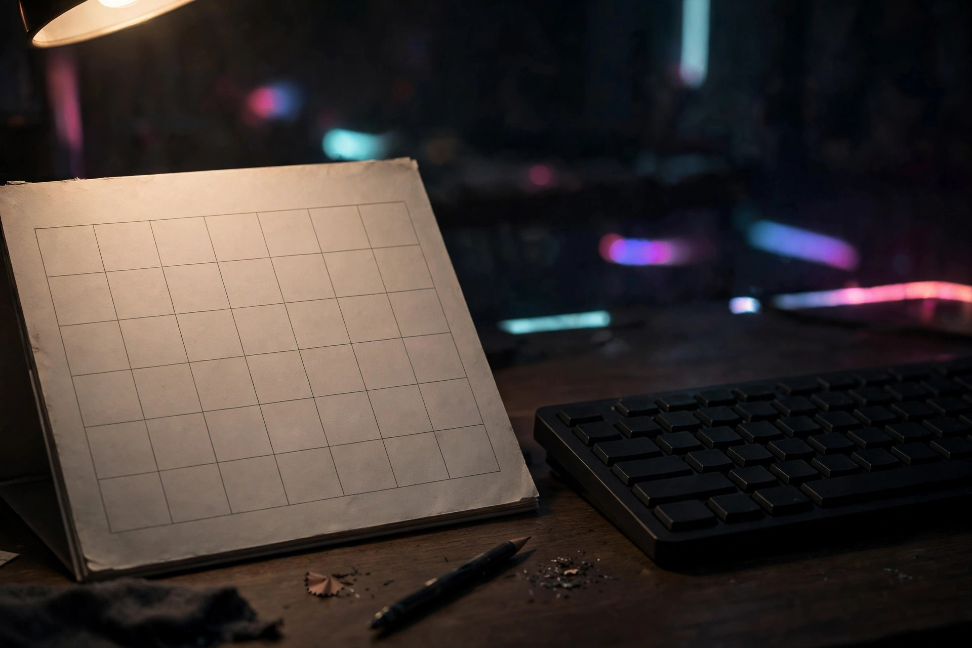 Blank desk calendar beside a keyboard under lamplight, marking weeks of practice