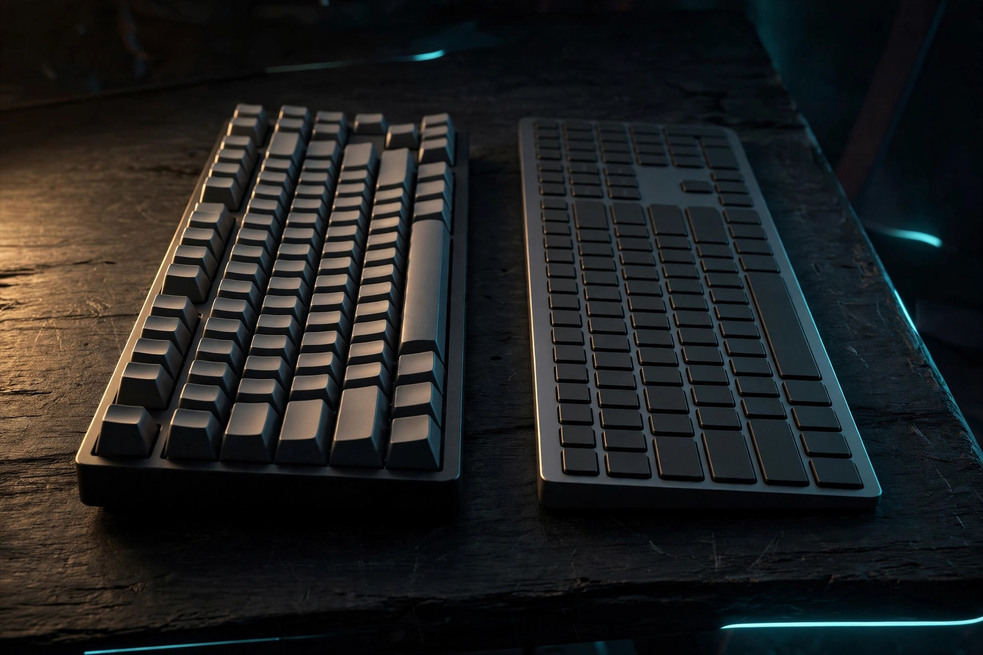 Two keyboards side by side, one with tall sculpted keycaps and one low-profile