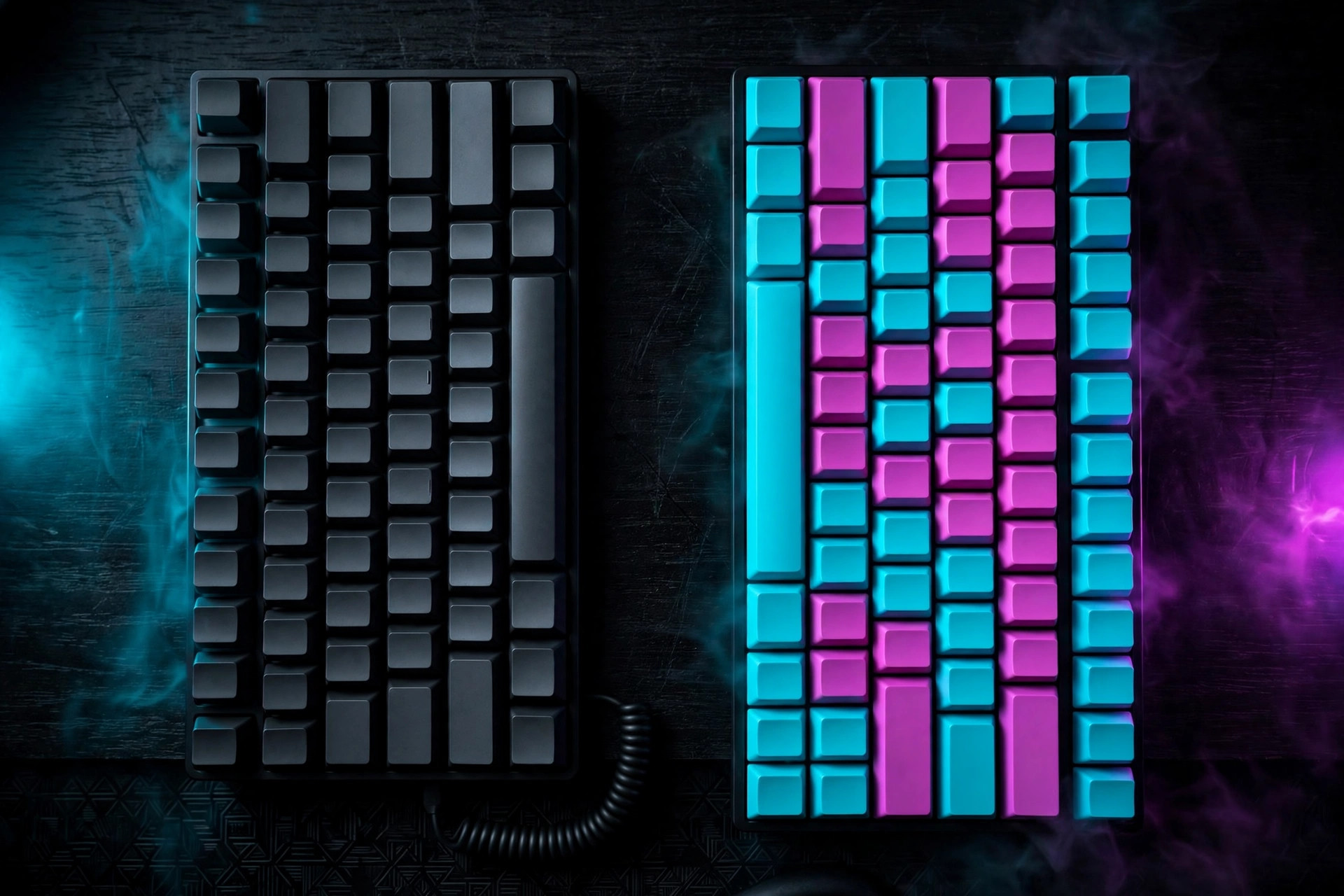 Two blank-keycap keyboards side by side on a dark desk, one black, one cyan and magenta